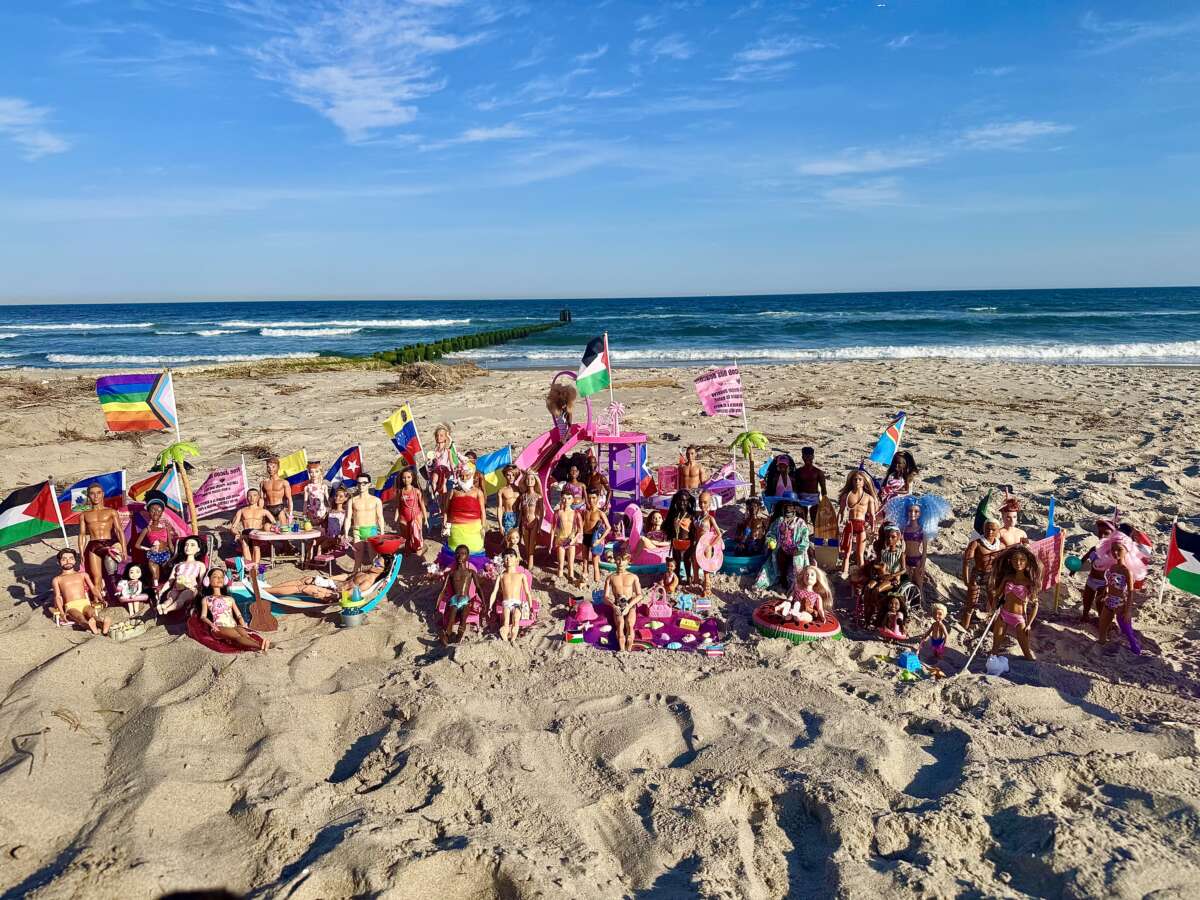 A Plastics in the City art installation appears on Jacob Riis Beach on June 6, 2026. The project pays tribute to Miss Colombia and the LGBTQIA+ community that has gathered at Jacob Riis Beach for nearly a century.