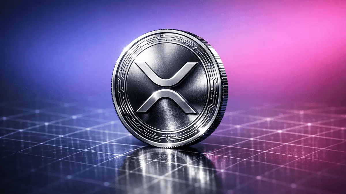 XRP cryptocurrency coin in studio lighting with purple-magenta gradient and blockchain grid overlay