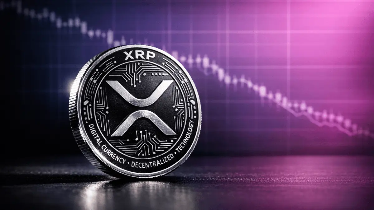 XRP cryptocurrency coin with declining chart grid on purple-magenta gradient background