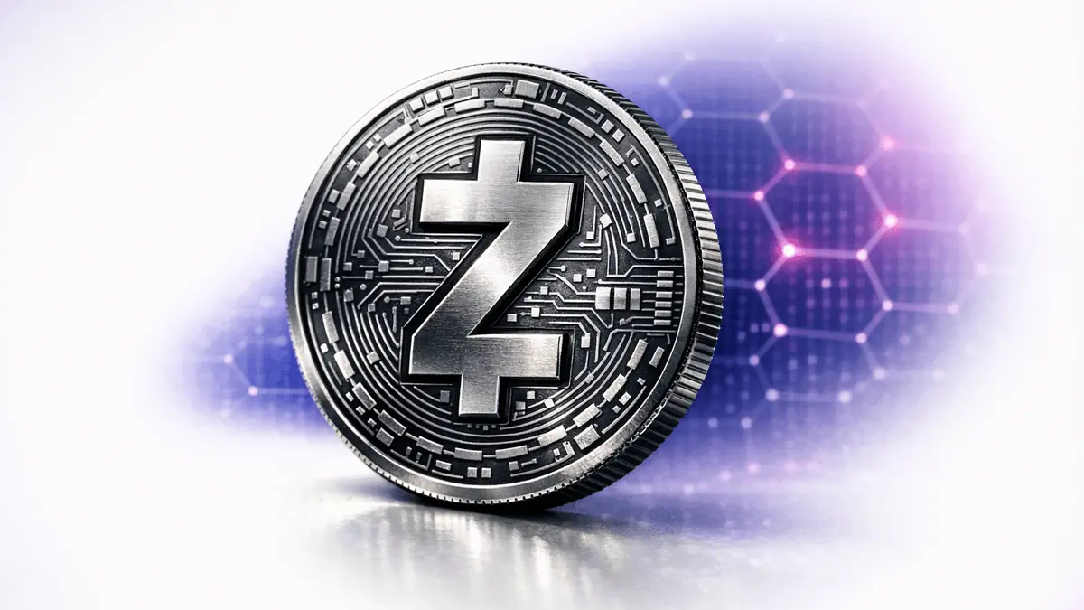 Zcash ZEC coin with purple gradient and digital grid pattern representing blockchain security upgrade