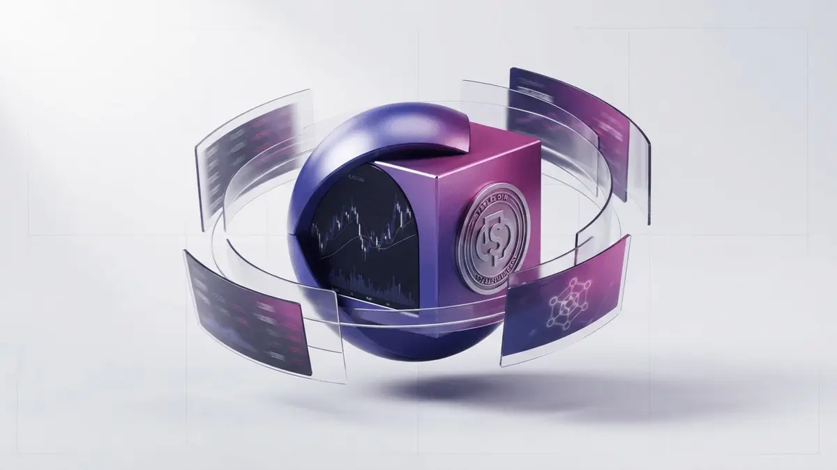 Ark Invest crypto portfolio rotation concept with purple gradient 3D objects and financial chart overlays
