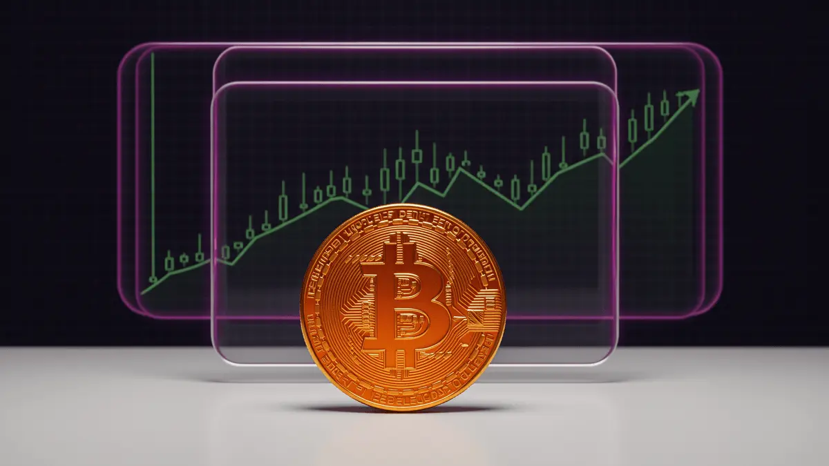 Bitcoin coin with transparent financial charts and purple gradient grid in studio lighting