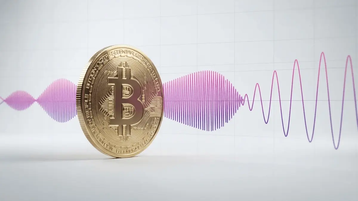 Bitcoin coin with compressed volatility wave visualization in purple gradient on white studio background
