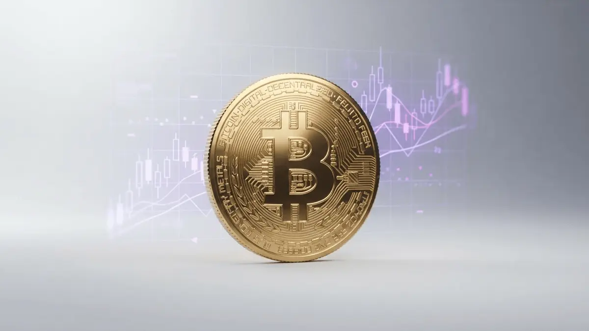 Bitcoin coin with holographic price chart and purple-magenta gradient technical analysis background