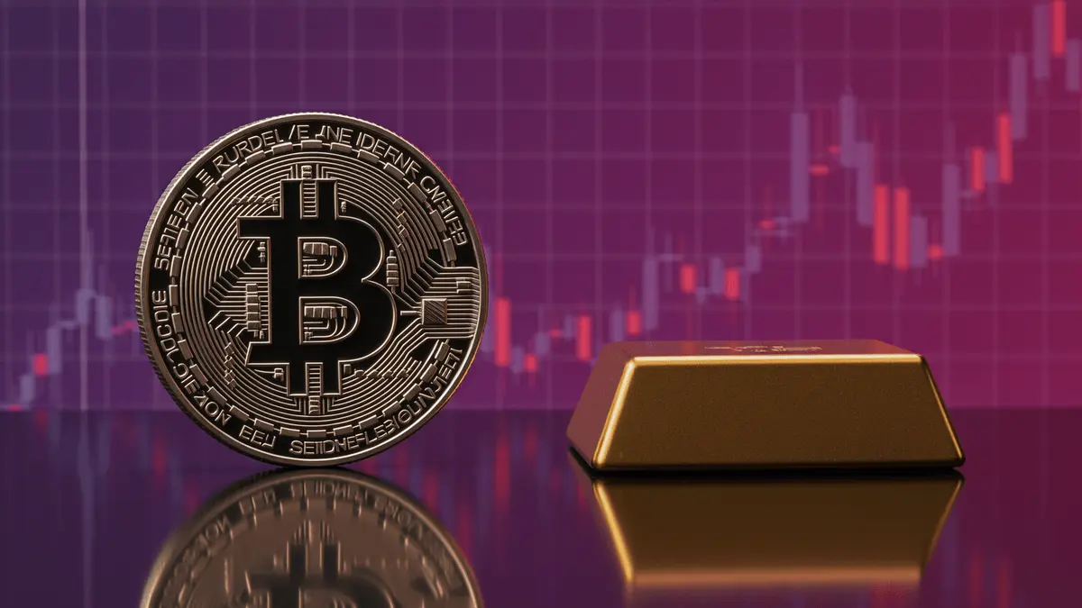 Bitcoin coin and gold bar face off in studio setting with gradient background and chart overlays