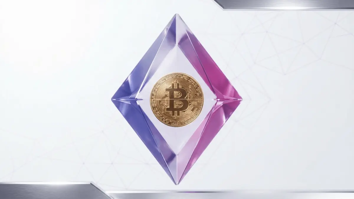 Crystalline diamond structure encasing Bitcoin coin with purple-magenta gradient lighting