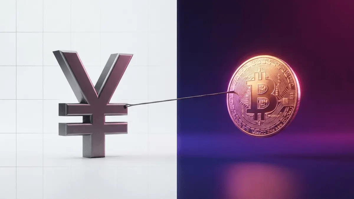 Japanese yen and Bitcoin symbols connected by tension wire showing carry trade dynamics