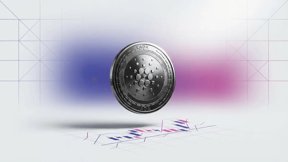 Cardano ADA coin with purple gradient data visualization showing derivatives trading tension
