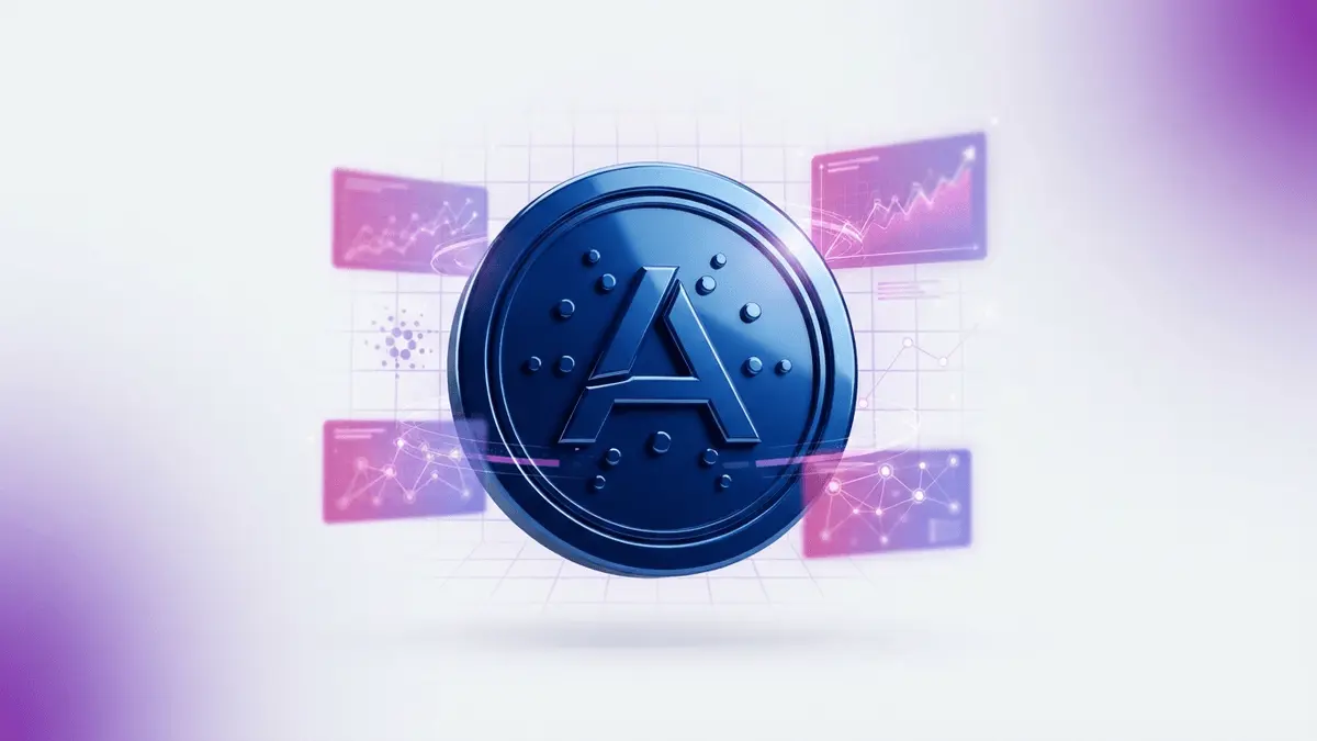 Cardano ADA coin with purple gradient grid and holographic price charts in studio lighting