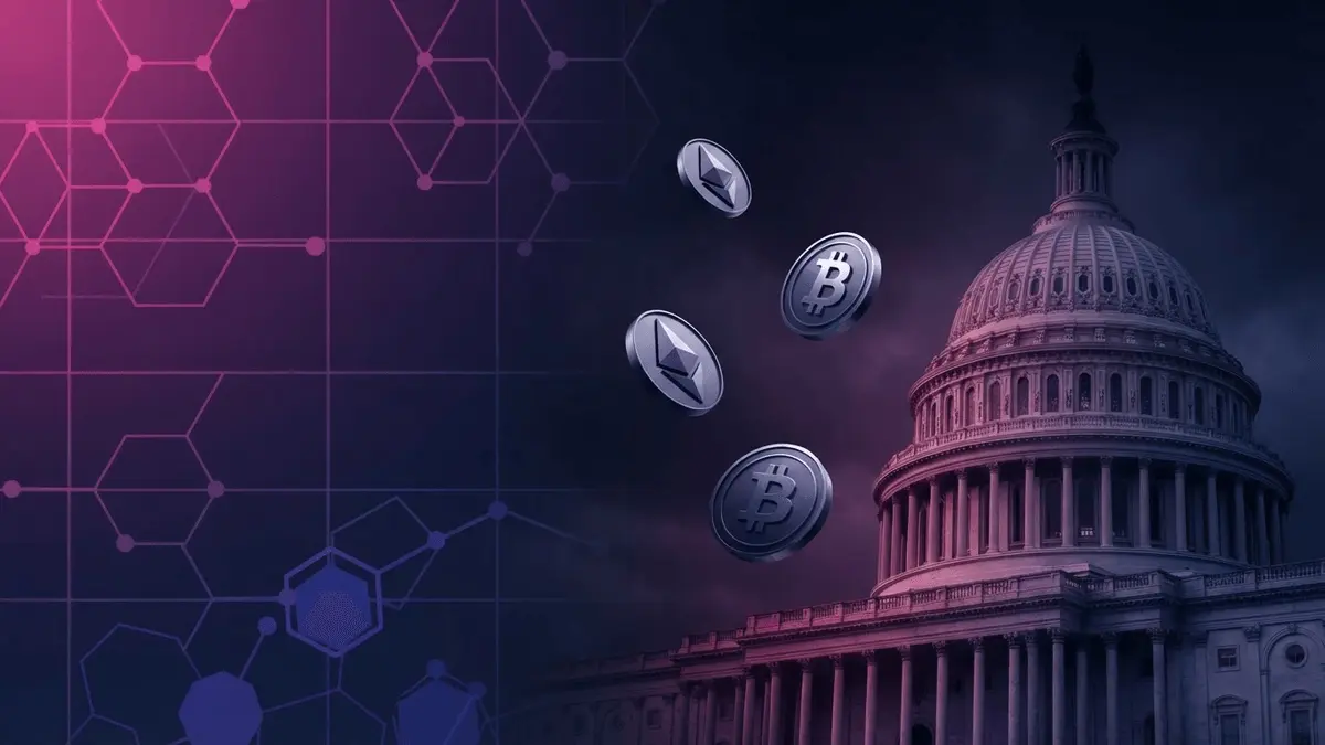 US Capitol building with blockchain grid overlay and cryptocurrency symbols in purple and magenta tones