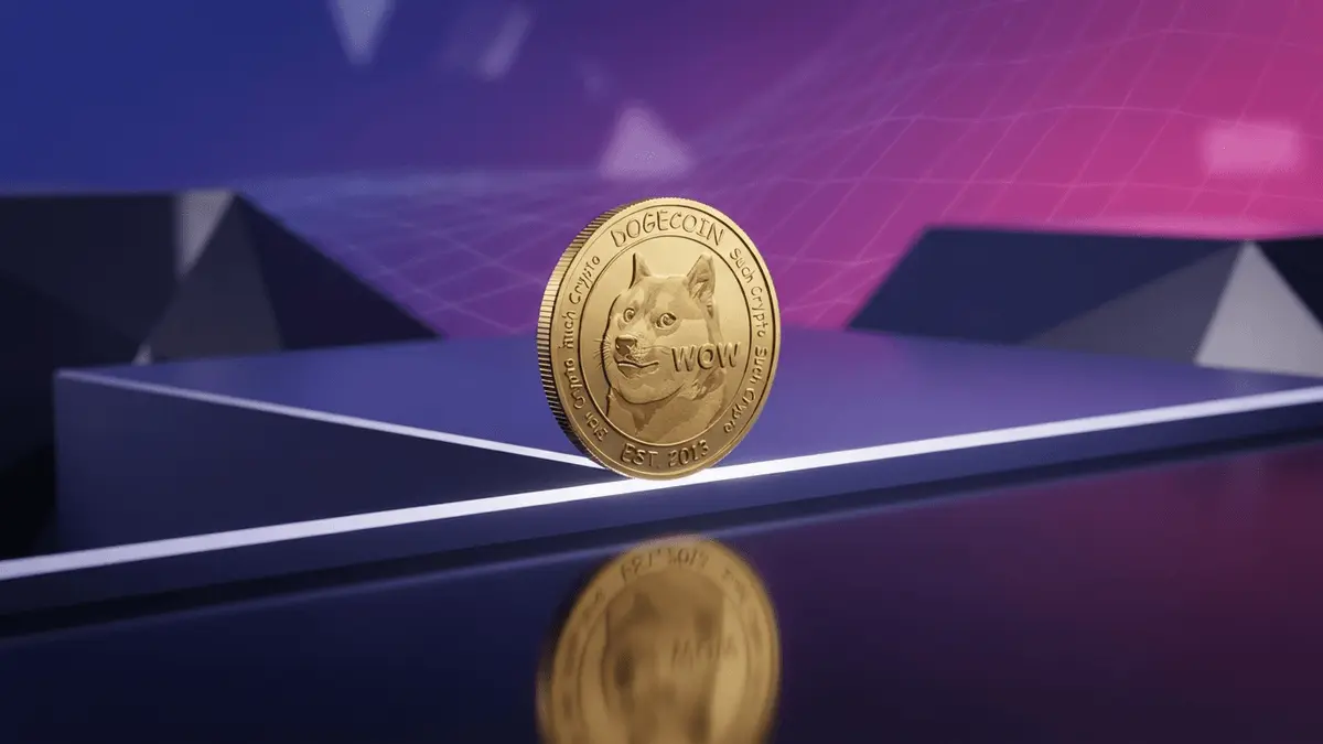 Dogecoin cryptocurrency coin at critical price threshold with purple-magenta gradient and grid overlay