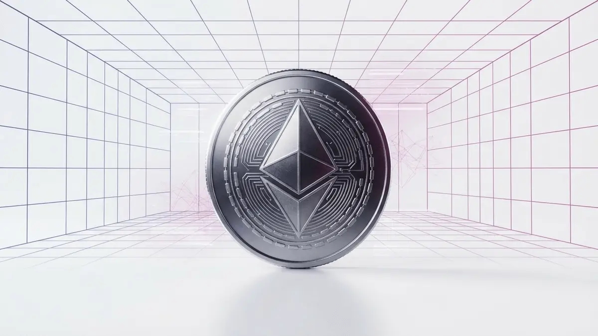 Ethereum coin with purple magenta gradient grid and AI network patterns on white studio background