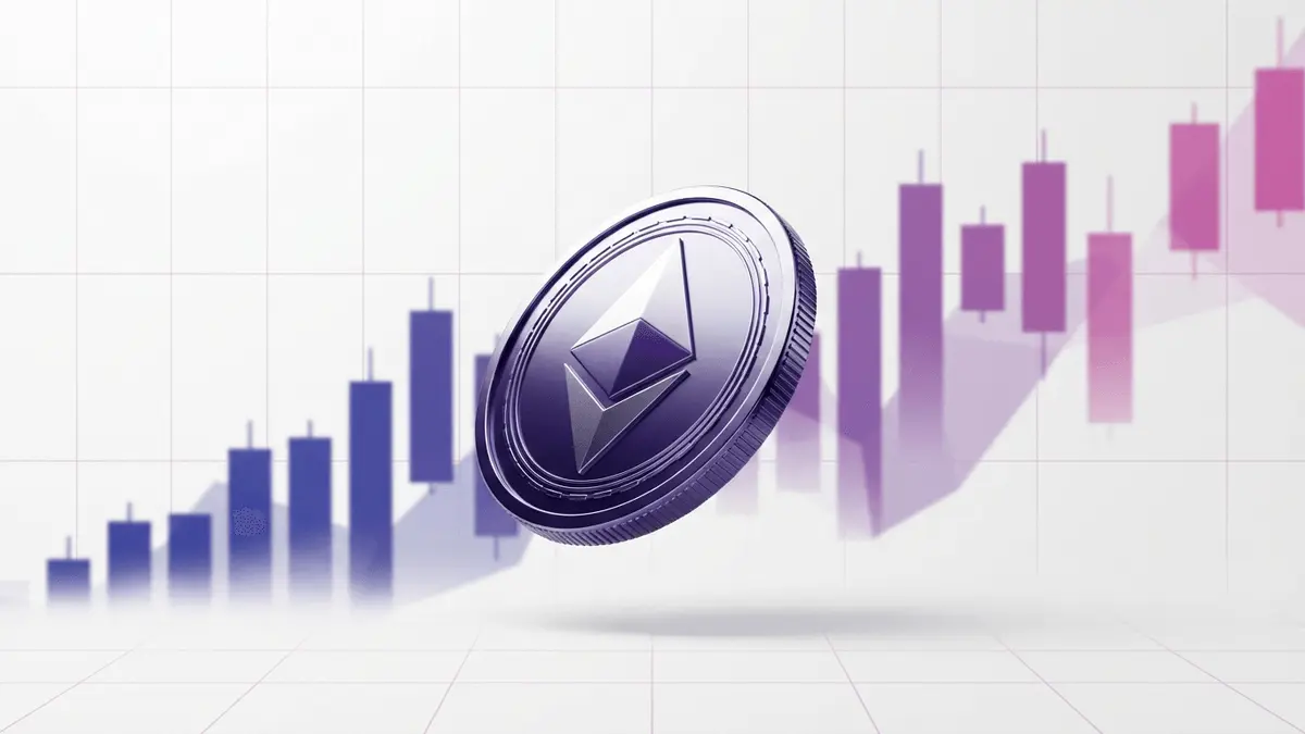 Ethereum coin ascending with purple gradient chart background showing upward price momentum