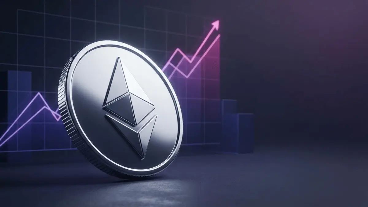 Ethereum coin with rising purple gradient chart representing ETF inflows and price growth