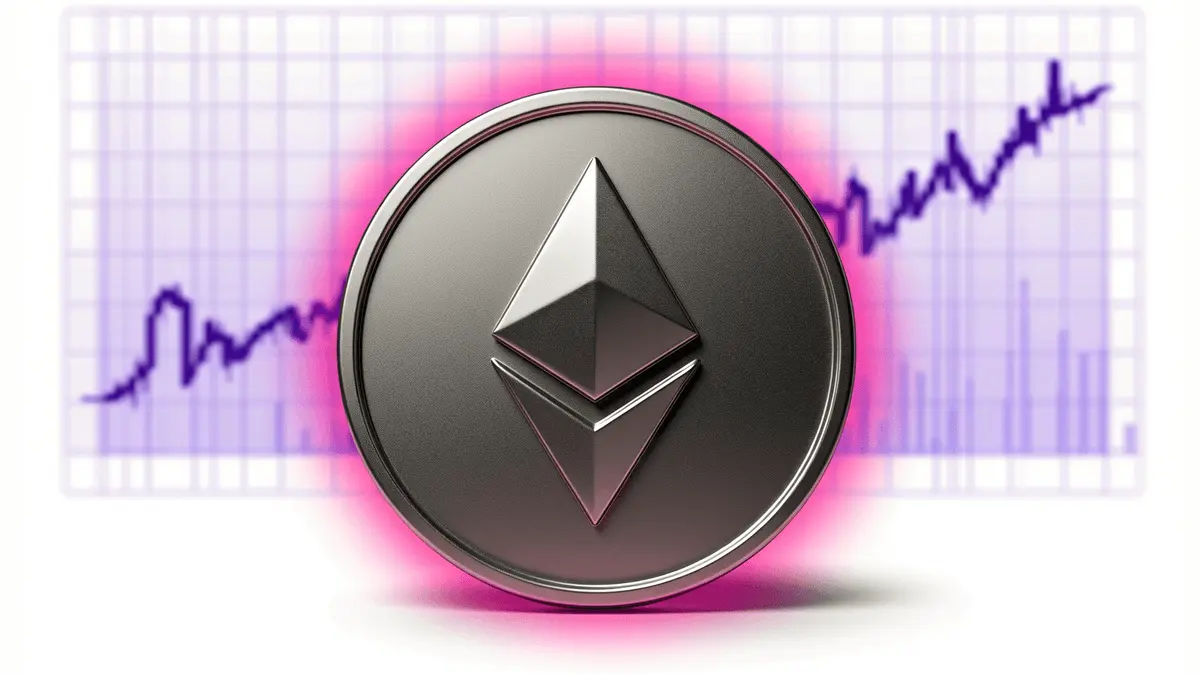 Ethereum coin with descending price chart grid and purple-magenta gradient lighting on white background