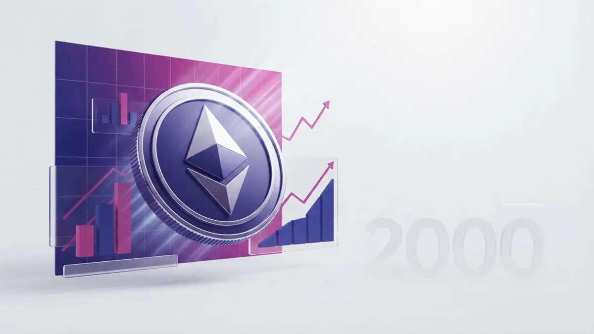 Ethereum coin with ascending data visualization and staking metrics in purple and magenta gradient