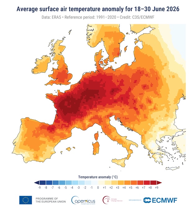 Europe's Copernicus Climate Change Service reports the average anomalies in air temperatures in Europe during this year's heatwave from 18-30 June 2026 relative to the average temperature for the 1991-2020 reference period. Cedit: C3S/ECMWF