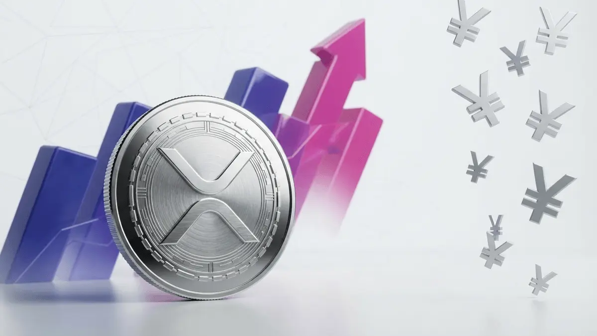 XRP coin with rising price chart and falling Japanese yen symbols on gradient tech background