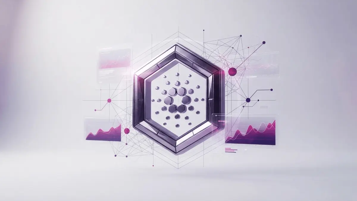Cardano blockchain visualization with technical price chart elements and purple gradient overlays