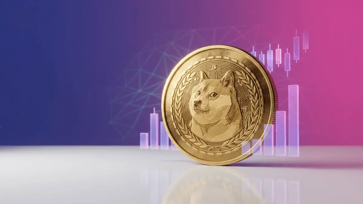 Golden Dogecoin standing upright with purple-magenta gradient and rising market data visualizations