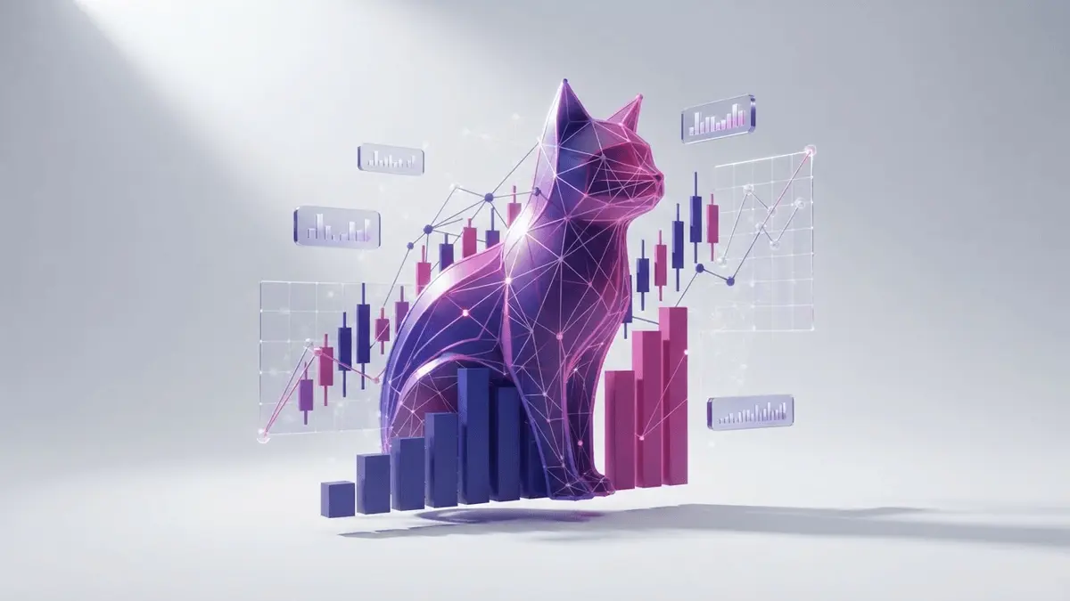 Abstract cat silhouette with purple-magenta gradients and trading chart elements on white studio background