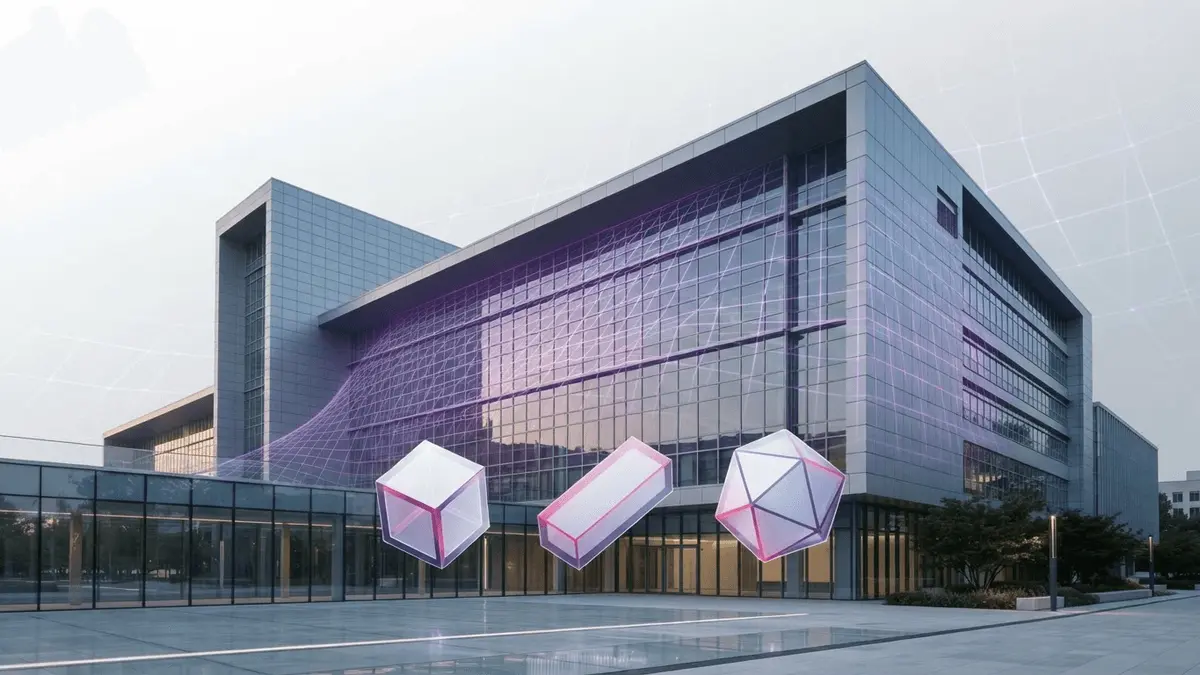UK institutional building with holographic tokenized assets and purple gradient blockchain network overlay