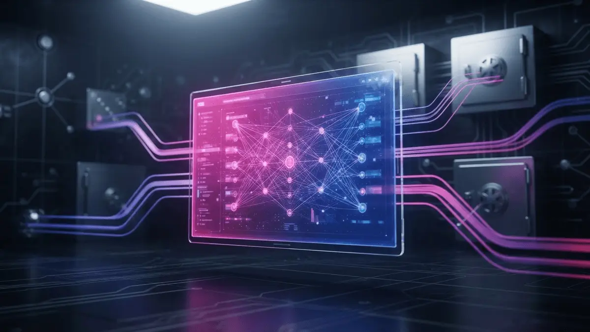 Blockchain ledger interface with glowing data streams connecting banking structures in purple and blue tones