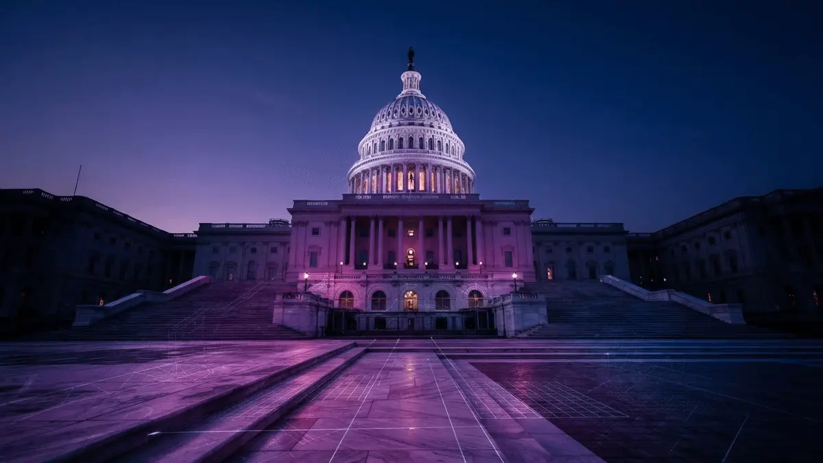 US Capitol building dome lit with purple gradient lighting and holographic grid overlays