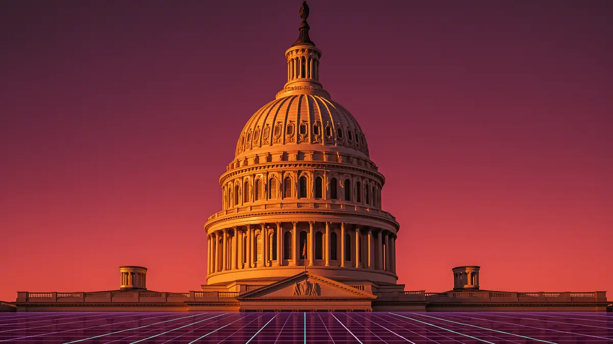 US Capitol building dome with modern digital grid overlay in purple and magenta tones
