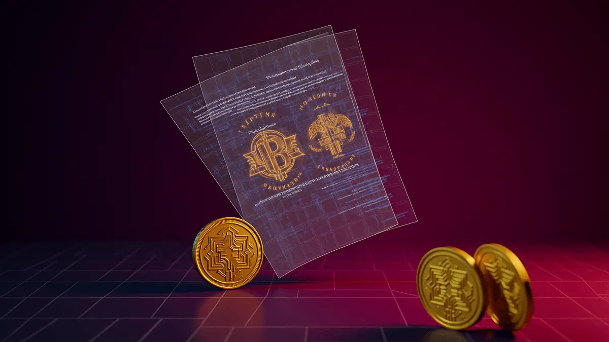 Government financial document with cryptocurrency symbols and blockchain grid patterns on purple-magenta gradient