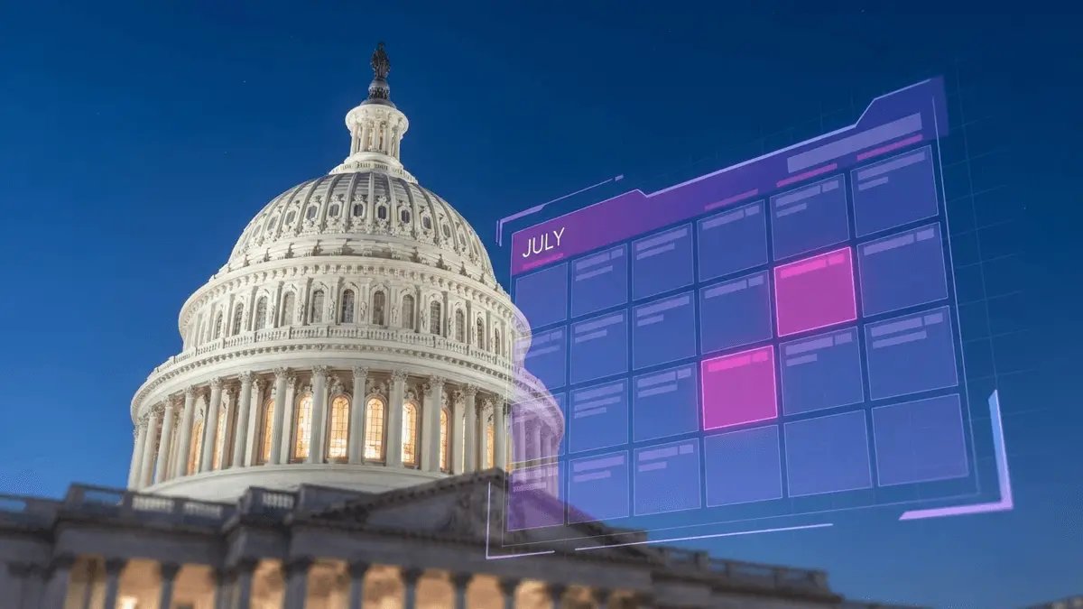 US Capitol building with digital calendar overlay showing legislative timeline in purple and magenta gradient