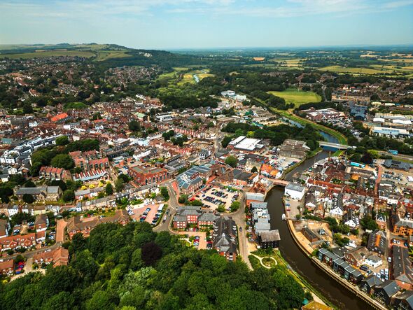 Aerial view of town of Lewes and river Ouse in East Sussex Aerial view of town of Lewes and river Ouse in East Sussex