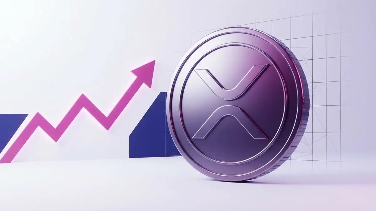 XRP cryptocurrency coin with upward trending chart visualization and purple gradient lighting