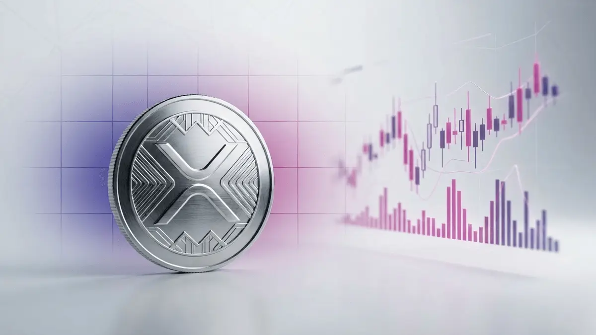 XRP cryptocurrency token with Korean market data visualizations and purple gradient tech background