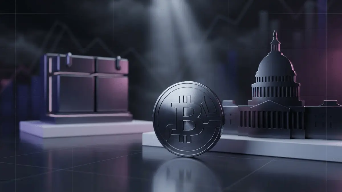 Bitcoin coin beside a Capitol silhouette under tense indigo and magenta market lighting