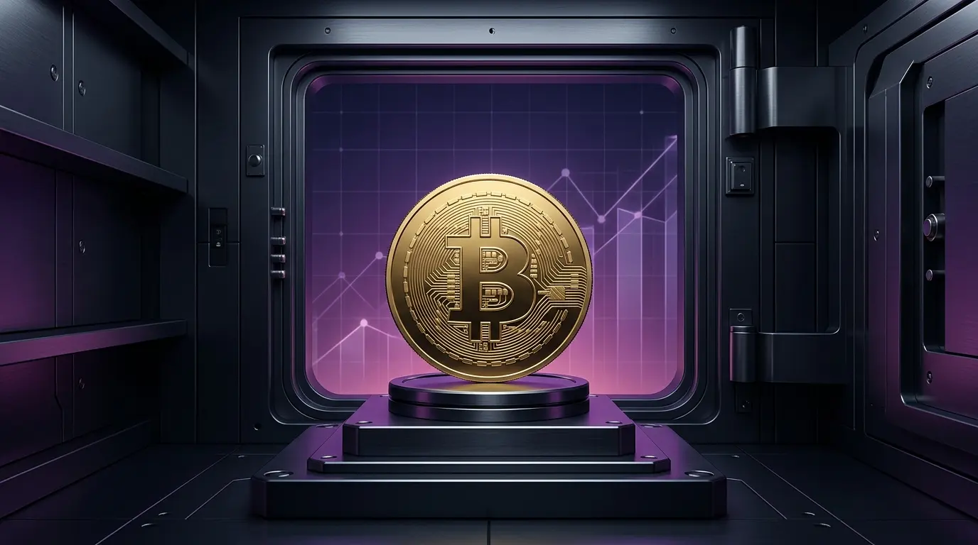 Bitcoin held in a secure digital reserve vault with policy and market graphics