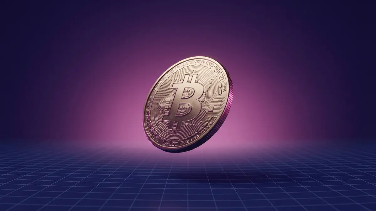 Bitcoin coin suspended above purple gradient grid representing crypto options expiry market dynamics