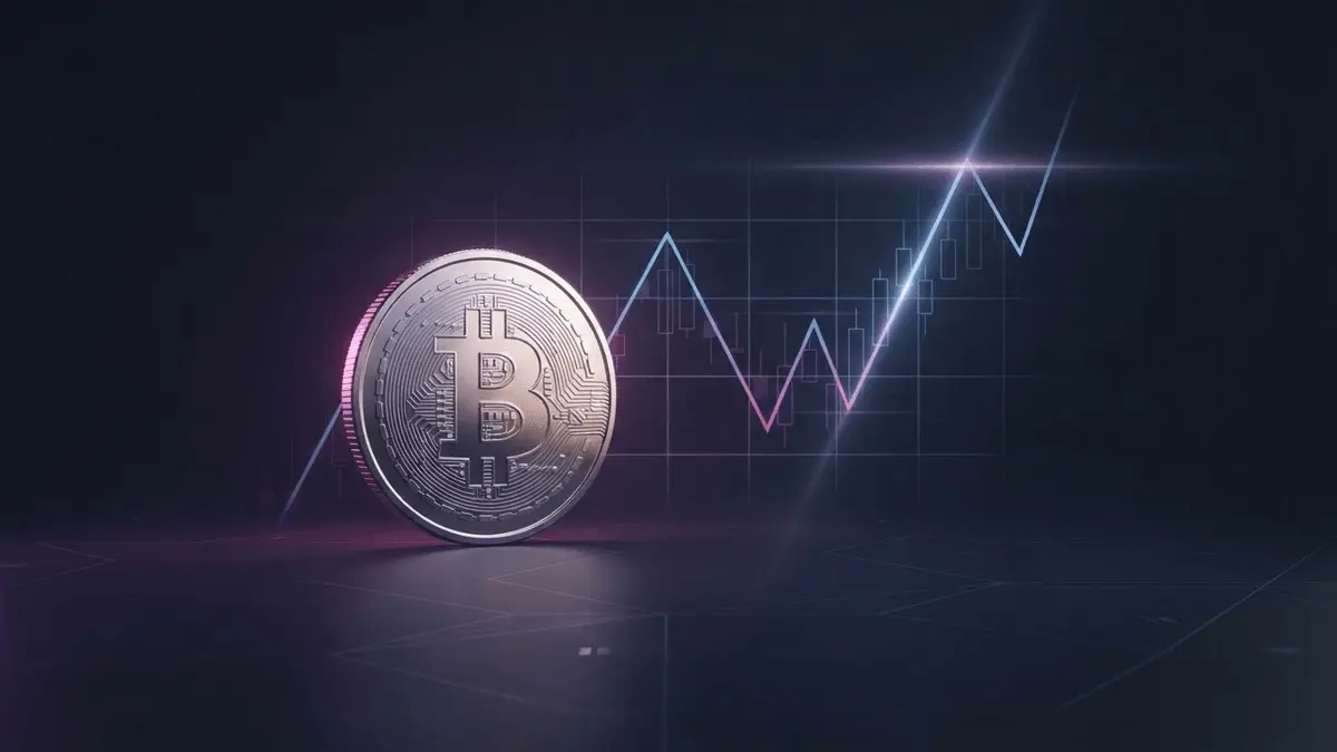 Bitcoin coin above an inverse head-and-shoulders breakout chart in a purple crypto market scene