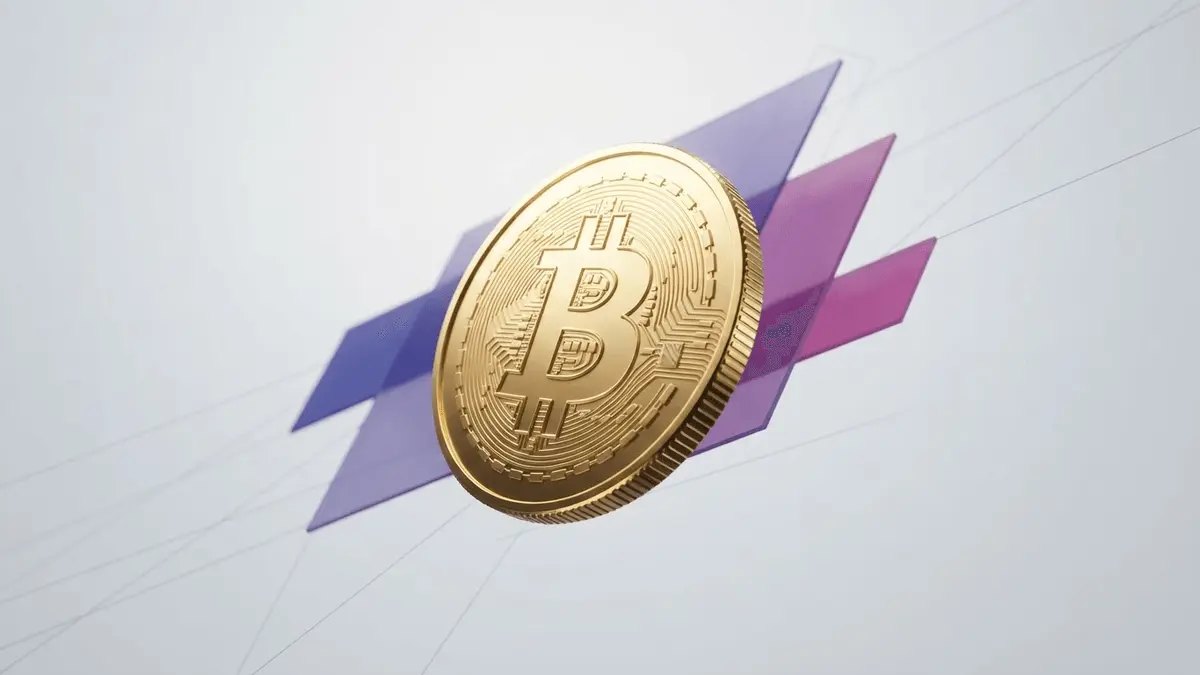 3D Bitcoin coin with purple-magenta gradient layers and grid overlay on clean white background