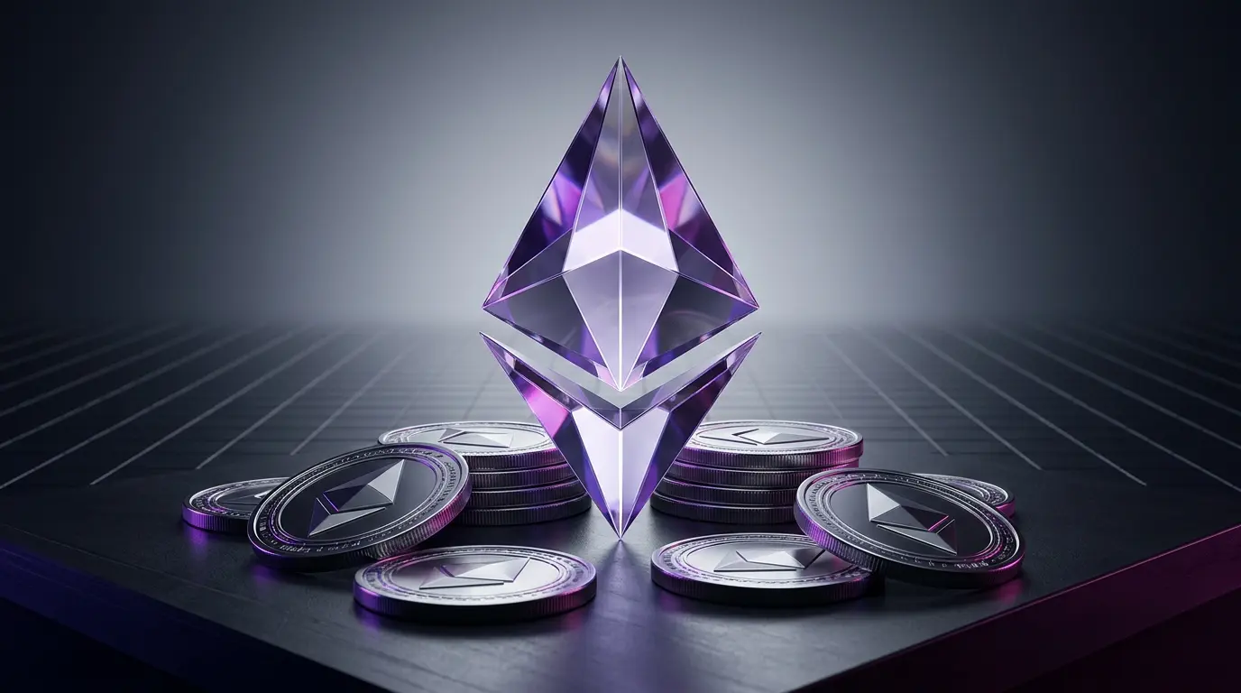 Ethereum assets arranged on a digital grid to represent Bitmine nearing its 5% supply target