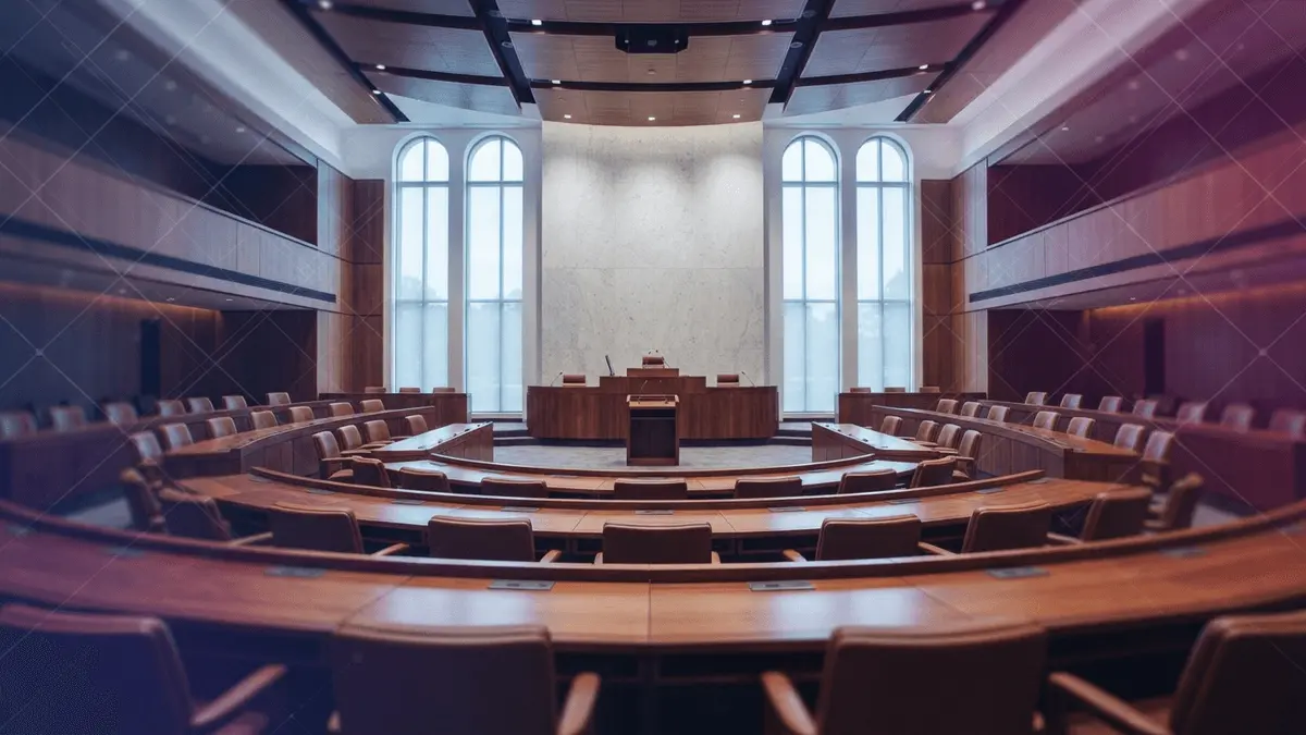 Empty Senate chamber with purple gradient grid overlay symbolizing digital asset legislation Senate floor vote on CLARITY Act is confirmed before August recess, but 3 unresolved disputes threaten 60-vote majority crypto reform needs.