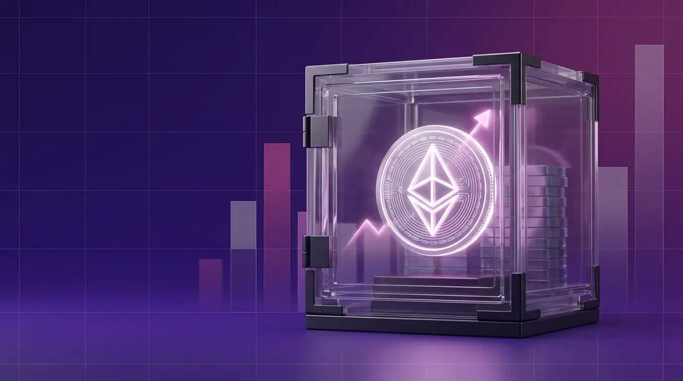 Ethereum held in an institutional treasury vault with purple and magenta crypto-finance lighting