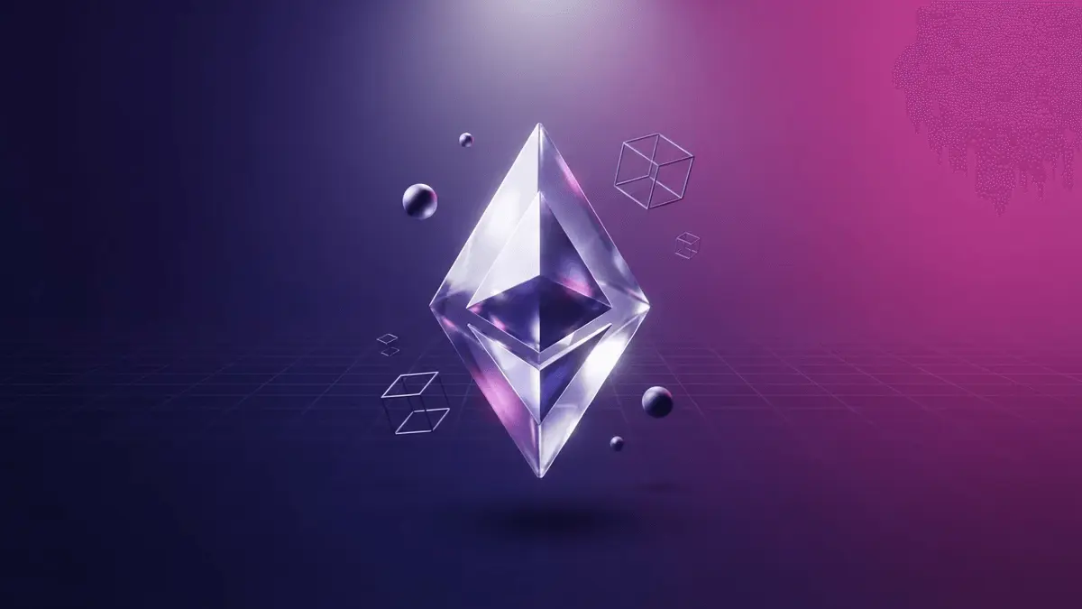 Ethereum crystal polygon with institutional network elements on purple gradient background