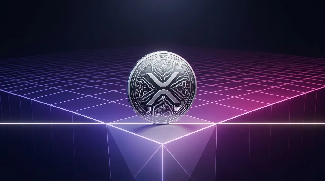 XRP cryptocurrency coin on glowing support platform with purple-magenta gradient grid background
