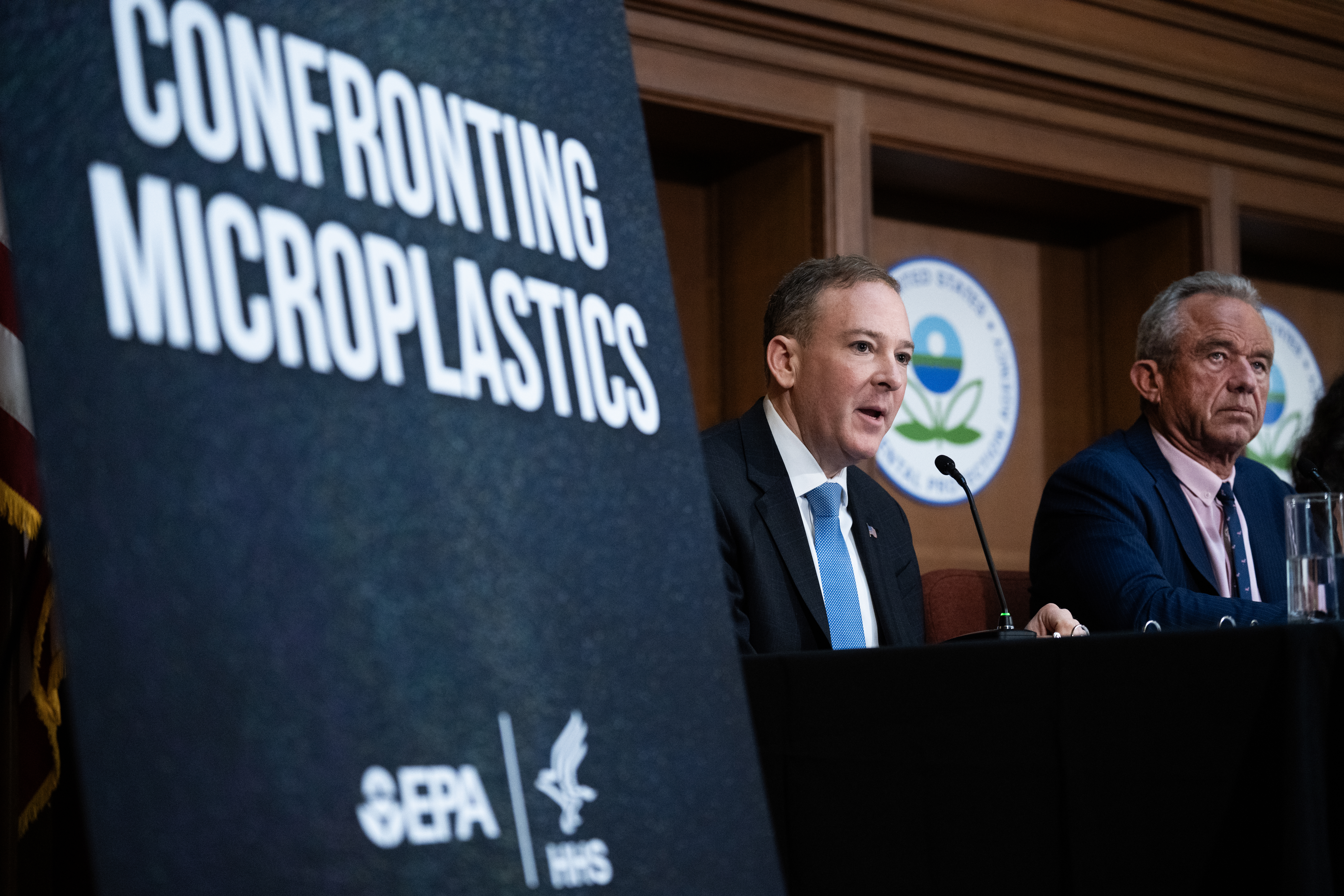 Environmental Protection Agency Administrator Lee Zeldin, left, and Health and Human Services Secretary Robert F. Kennedy, Jr., participate in a discussion to announce microplastics and pharmaceuticals will be listed as contaminants in drinking water, at the Environmental Protection Agency in Washington, D.C., on April 2, 2026.