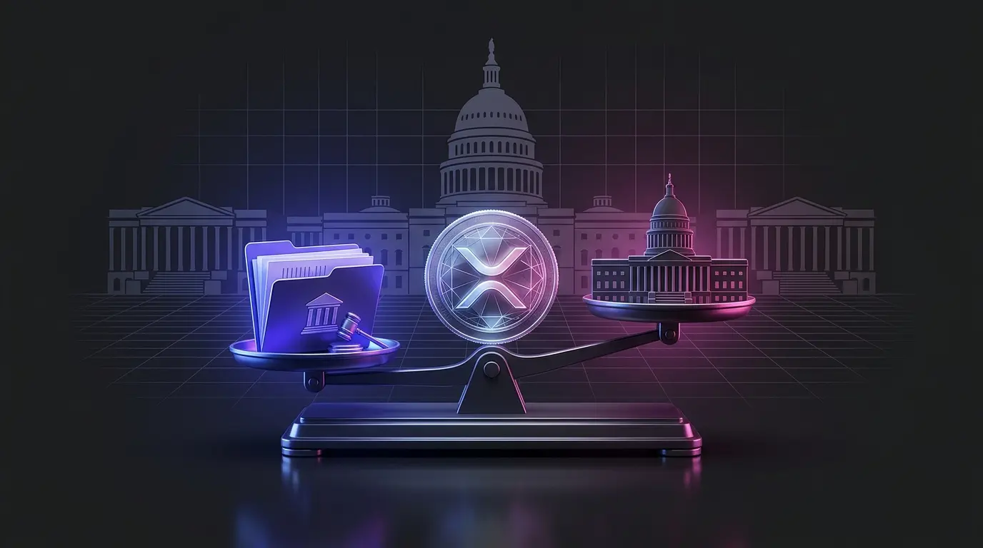 Abstract XRP legal scale and Capitol silhouette symbolizing crypto regulation and the SEC case