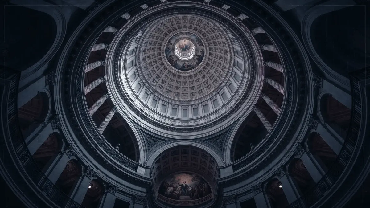 US Capitol dome interior with dramatic lighting showing legislative architecture and political tension