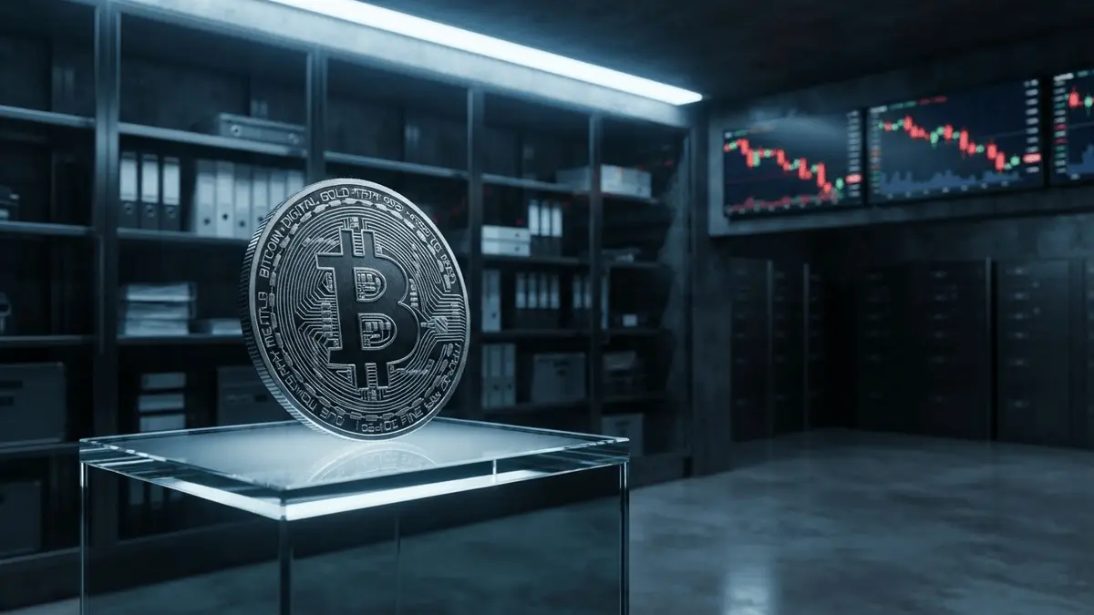 Bitcoin coin on glass pedestal in modern corporate treasury with financial charts and purple gradient grid