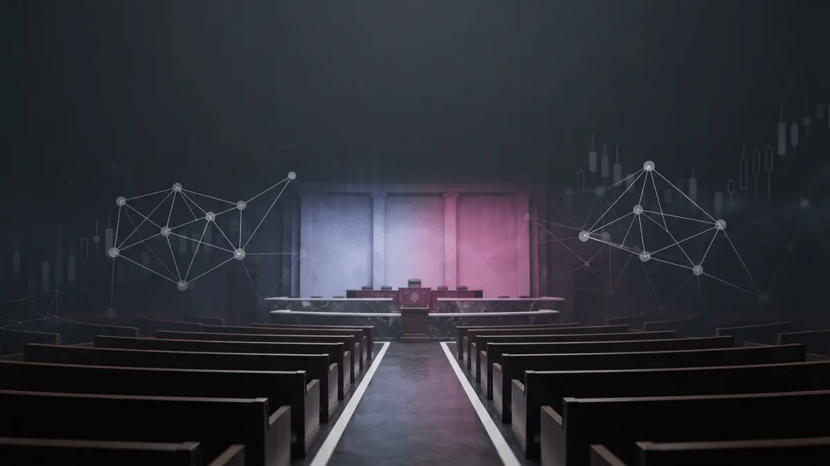 Empty Senate chamber with purple blockchain lighting symbolizing crypto regulation uncertainty