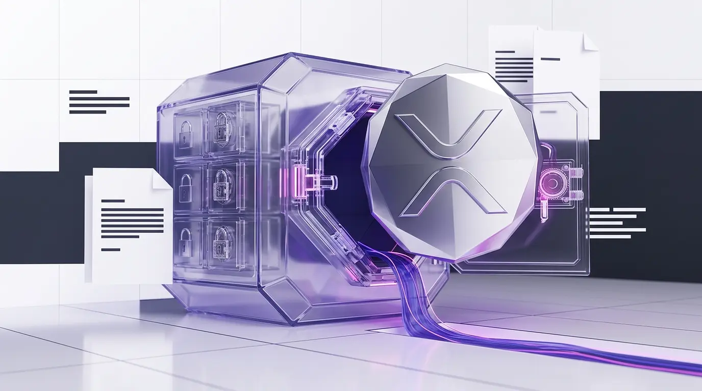 Abstract XRP token emerging from an escrow vault amid regulatory and liquidity uncertainty